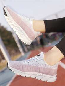 Zapatillas Deportivas Casuales Para Mujer De Primavera Y Otoño Con Tacón Bajo Y Grandes, Cómodas, Livianas Y Transpirables, Con Suela Plana Y Cordones - Rosa Pálido - Ver 5