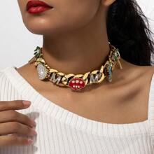 1pc Unique Design Exaggerated Faux Pearl & Thick Chain Necklace, Hip Hop Style Unisex Fashion Accessory