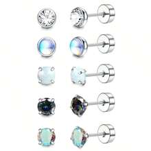 5 Pairs Flatback Surgical 316L Stainless Steel Stud Earrings For Women Men CZ Opal Faux Pearl Screw Back Earrings Cartilage Earrings Sleep Hypoallergenic Earrings For Sensitive Ears