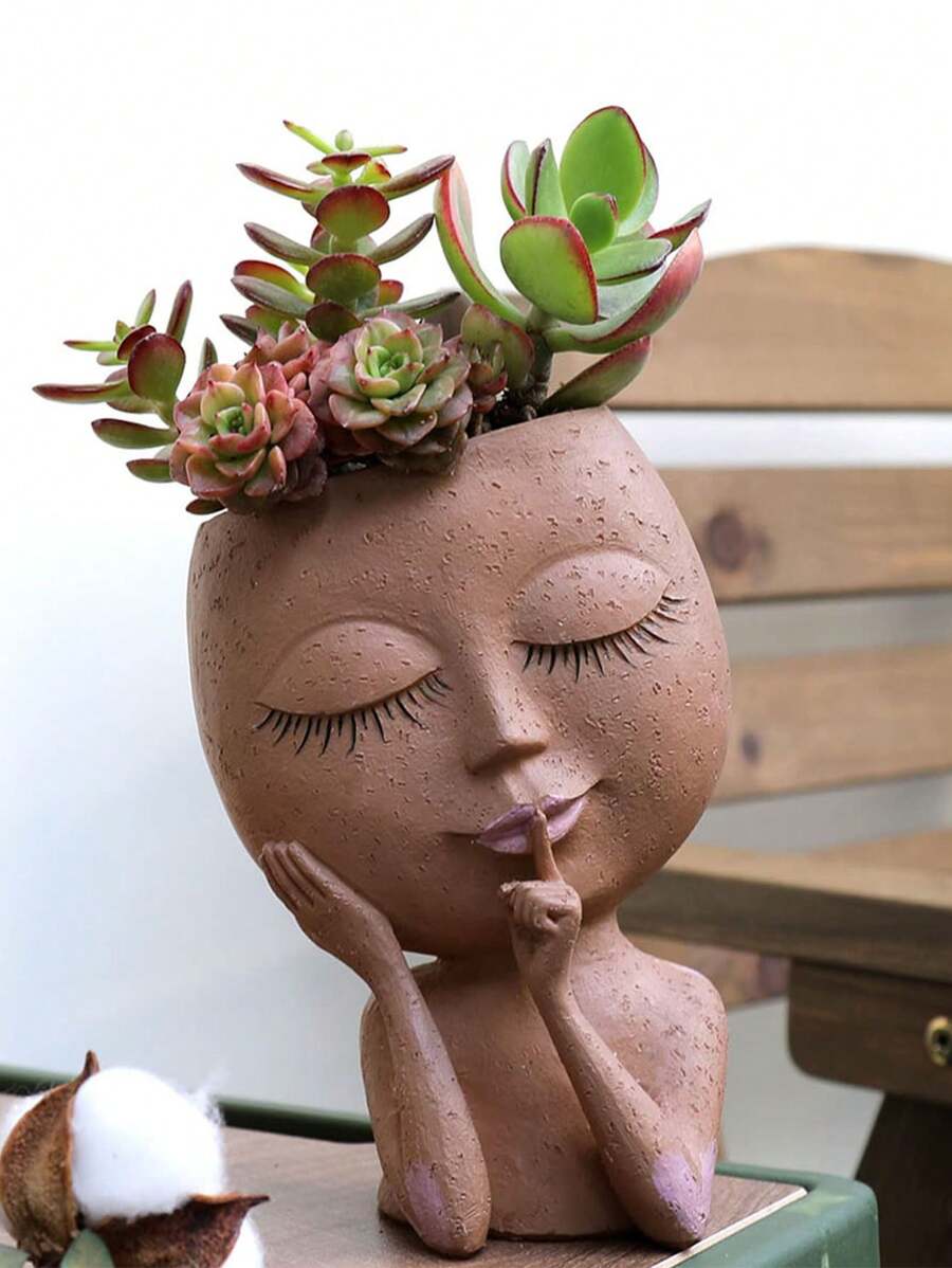 1 件組人臉花盆頭花盆臉花盆帶排水孔樹脂頭花盆室內戶外植物臉花盆獨特花盆禮物親朋好友 - 棕色 - 查看 1