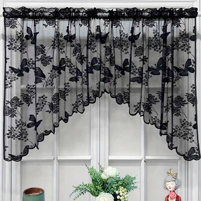 1pc Black Triangle Lace Curtain With Butterfly & Floral Bouquet Design, Sheer Short Curtain, Coffee Curtain