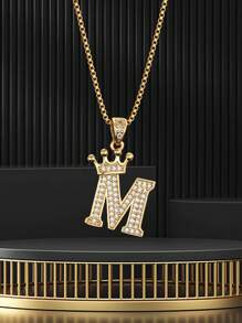 1 件時尚流行冰晶水鑽首字母和皇冠吊墜不銹鋼盒鏈項鍊適合男孩女孩優雅派對節日約會街頭珠寶適合日常生活和作為禮物