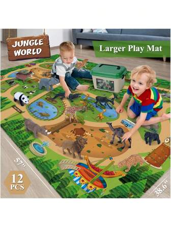12 Pcs Safari Animals Figures Toys w/ 57x38.6’’ Large Activity Play Mat, Realistic Jumbo Jungle Wild Zoo Animals Figurines Playset w/Elephant, Giraffe, Lion for Kids Boys