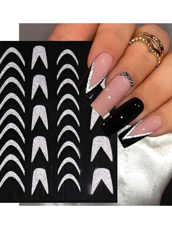 1 Feuille D'autocollants De Décalcomanies D'ongles 3d Charmes de ligne à rayures Conseils Transfert Décorations Nail Art Brillants Et Réfléchissants Argentés