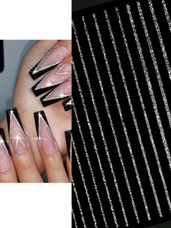 1 Feuille D'autocollants De Nail Art Auto-adhésifs 3d Argentés À Paillettes À Rayures Françaises, Accessoires De Nail Art Pour Décor De Manucure Féminine