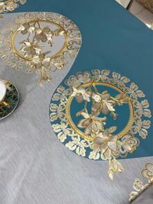 1pc New Arrival & Durable Pvc Luxury & Thick Gold Floral Pattern Waterproof, Oilproof, Heat Resistant, Non-Washable Tablecloth, For Everyday Use, Living Room, Kitchen, Dining Table, Coffee Table Decorative Cover, Outdoor Picnic & Camping Tablecloth - color block flowers - View 8