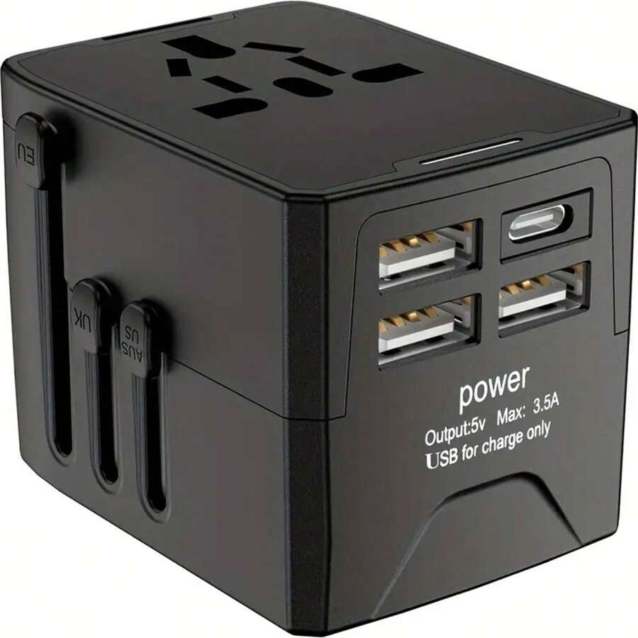 1pc Universal Travel Adapter, International Travel Adapter European Travel Plug, 6A Socket Current, 3.5A USB Smart Output, 3USB A + Type C For USA EU UK AUS, Good For Christmas, Halloween Gifts - Black - View 1