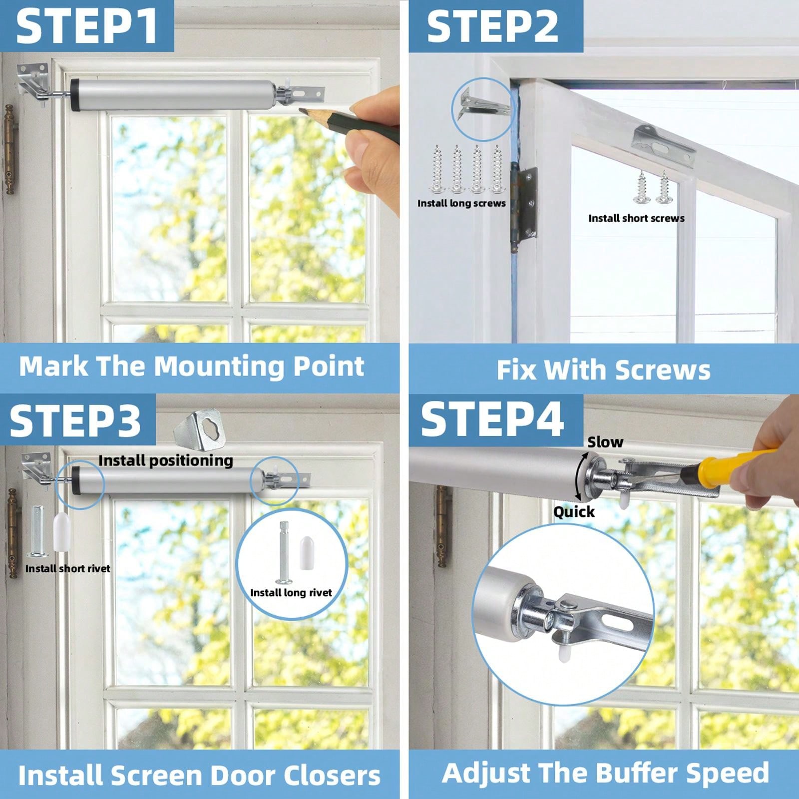 Medium Duty Screen Door Closers Kit, Adjustable Pneumatic Storm Door