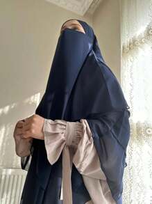 1pc Three Layer Muslin Conservative Headscarf, Dubai Solid Color Khimar Hijab Shawl Casual - Navy Blue - View 2