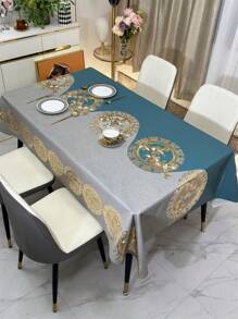 1pc New Arrival & Durable Pvc Luxury & Thick Gold Floral Pattern Waterproof, Oilproof, Heat Resistant, Non-Washable Tablecloth, For Everyday Use, Living Room, Kitchen, Dining Table, Coffee Table Decorative Cover, Outdoor Picnic & Camping Tablecloth - color block flowers - View 1