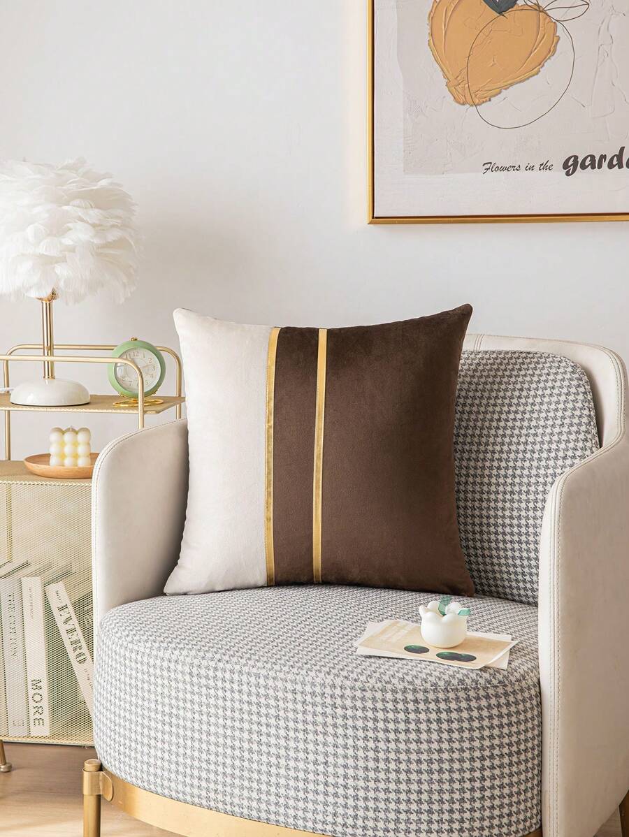 1pc Velvet Gold & Coffee Color Block Decorative Cushion Cover, Without Insert