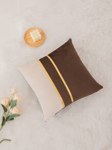 1pc Velvet Gold & Coffee Color Block Decorative Cushion Cover, Without Insert