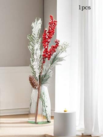 Party Anny Long 1pc Artificial Christmas Branch With Red Berries And White Pinecones For Indoor Decoration, Living Room Tabletop Ornament, Wall Hanging