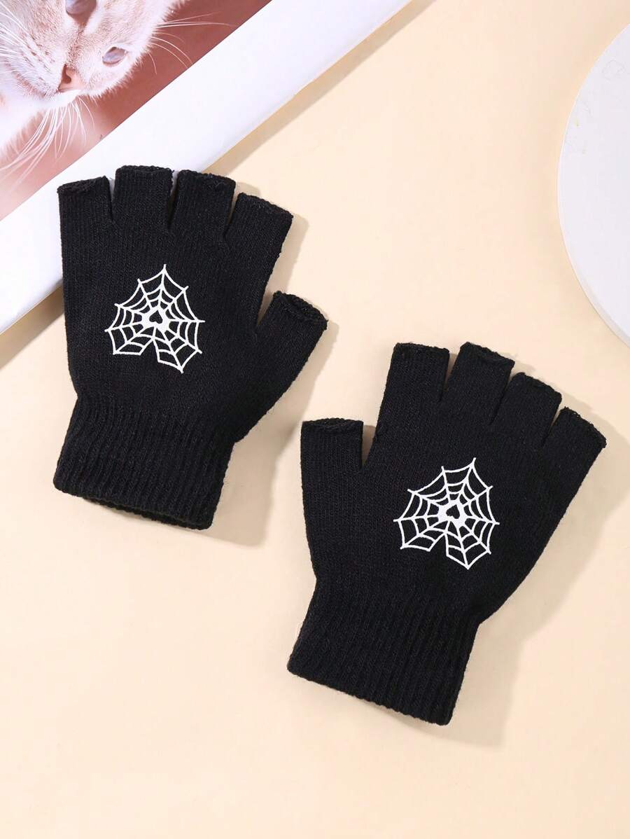 1 双女士 Y2k 心形渔网露指针织手套万圣节 - 黑色 - 查看 1