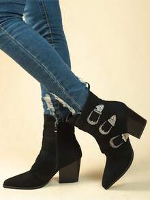 戶外時尚高筒尖頭英式短靴,增高鞋底款,保暖麂皮靴 - 黑色 - 查看 4