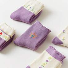 5 雙女孩紫花卡通圖案可愛兒童襪子,透氣舒適圓襪,兒童時尚襪子 - 紫色 - 查看 8