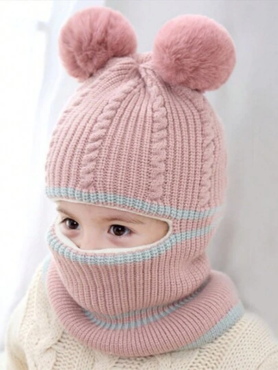 兒童冬季帽子-防風保暖針織純色無檐帽,配有雙毛球和溫暖的頸部圍巾