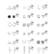 18/6 /4pairs/Sets Stainless Steel Flat Back Earrings, Geometric Shapes Star Heart Moon Rose Butterfly Pearl Zirconia Cross Earrings Surgical Steel Hypoallergenic Earrings, Cz Diaphragm Earrings, Multiple Piercing Hoop Earrings, Unisex Jewelry