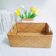 1pc Nordic Style Seagrass Woven Storage Basket, Handmade Creative Storage Tray With Handles, Multi-Functional Desktop Drawer Grocery Cosmetics Organizer, Office Desktop Storage Basket, Bathroom Bedroom Living Room Dormitory Storage Basket, Home Organization And Storage Supplies, Home Decoration, Room Decoration, Woven Storage Basket, Hand-Woven Storage Box, Desktop Grocery Storage Box, Snack Storage Plate, Jewelry Organizer, Living Room Plant Storage Basket, Kitchen, Bedroom, Bathroom, Wardrobe, Game Room Classification Storage Bathroom Cosmetic Storage Box. Household Organization And Storage Supplies, Office Desk Organizer.