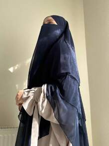 1pc Three Layer Muslin Conservative Headscarf, Dubai Solid Color Khimar Hijab Shawl Casual - Navy Blue - View 3
