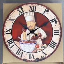 復古木製掛鐘,意大利廚師圖案,靜音電池供電圓形裝飾掛鐘,適用於房間廚房餐廳食物節日裝飾,可以送禮給廚師,10吋12吋14吋16吋(無電池)