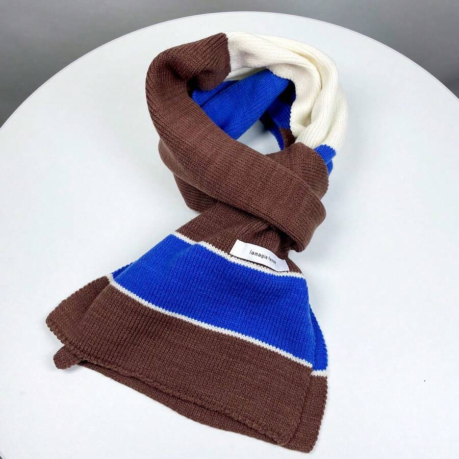 1 件男女通用針織拼色圍巾,溫暖柔軟的冬季護頸,適合情人節或聖誕禮物 - 藍色 - 查看 1