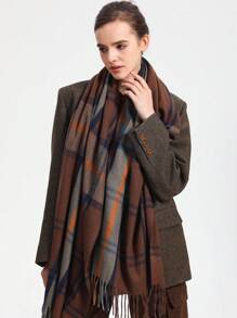 格紋圍巾,新時尚披肩,厚實假羊絨圍巾,冬季保暖披肩,基本流蘇圍巾,多色條紋圍巾 - 咖啡棕 - 查看 3