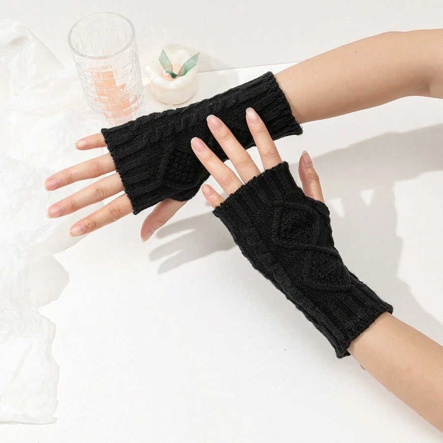 1入女式黑鑽石提花時尚露指手套 - 黑色 - 查看 1