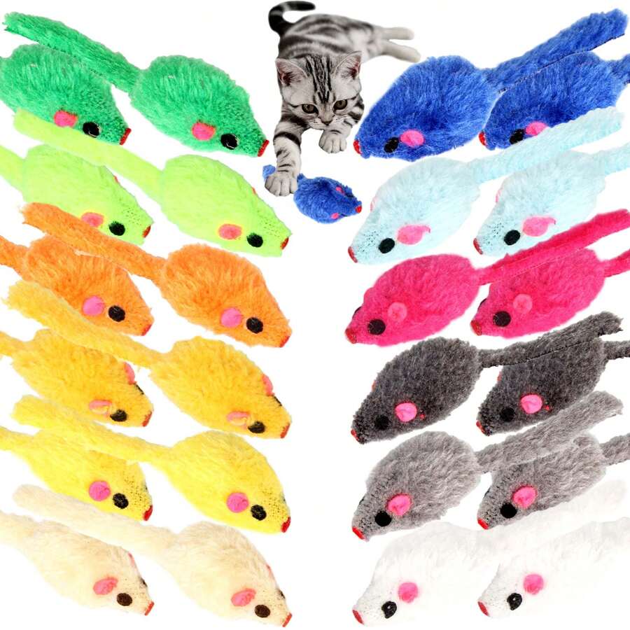 Youngever 24 Pcs Cat Toys Mice Rattle, Play Mice with Rattling Sounds, Cat Mouse Toys, Interactive Play for Cat, Puppy, Kitty, Kitten, in 12 Assorted Colors - Multicolor - View 1