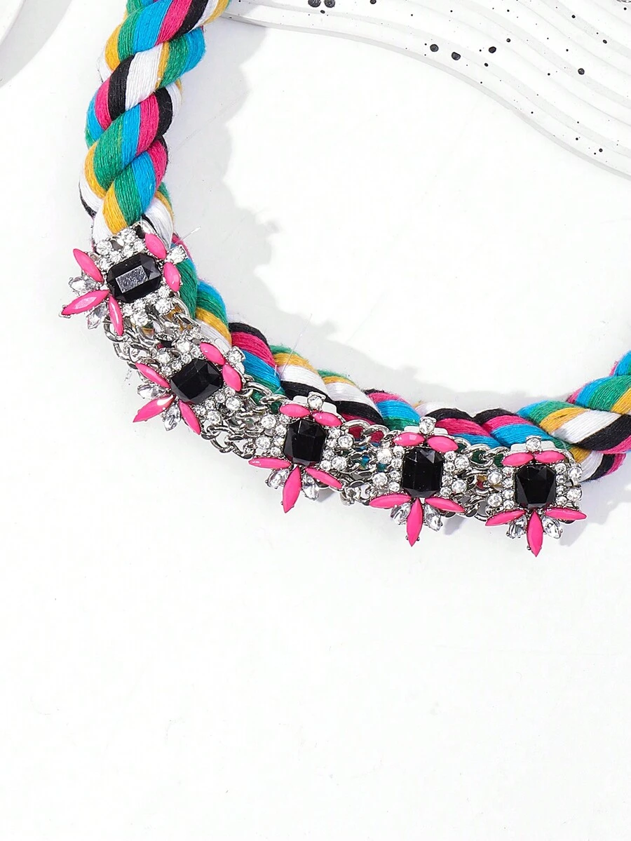 1條歐美時尚彩色線編織厚實頸鏈,配有鑽石細節,適合女性日常佩戴 - 彩色的 - 查看 1