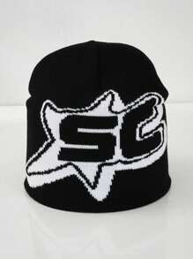 1件哥德風格字母Sc提花針織帽，Y2K嘻哈男女保暖冬季針織帽，適用於戶外活動、騎行、旅行、滑雪、街頭 - 黑色 - 查看 2