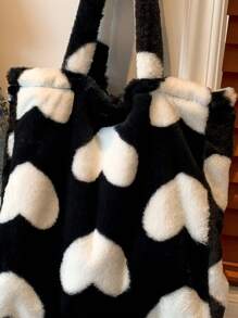 1 件新款秋冬季大容量可重复使用奶牛图案&豹纹图案&爱心图案毛绒面料磁性吸附开合双手柄设计儿童手提包适合孩子适合日常旅行 - 黑與白 - 查看 8