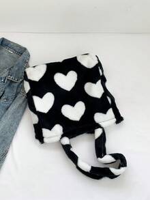 1 件新款秋冬季大容量可重复使用奶牛图案&豹纹图案&爱心图案毛绒面料磁性吸附开合双手柄设计儿童手提包适合孩子适合日常旅行 - 黑與白 - 查看 6