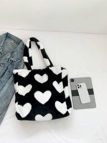 1 件新款秋冬季大容量可重复使用奶牛图案&豹纹图案&爱心图案毛绒面料磁性吸附开合双手柄设计儿童手提包适合孩子适合日常旅行 - 黑與白 - 查看 5