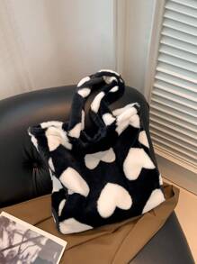 1 件新款秋冬季大容量可重复使用奶牛图案&豹纹图案&爱心图案毛绒面料磁性吸附开合双手柄设计儿童手提包适合孩子适合日常旅行 - 黑與白 - 查看 1