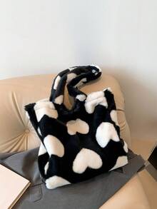 1 件新款秋冬季大容量可重复使用奶牛图案&豹纹图案&爱心图案毛绒面料磁性吸附开合双手柄设计儿童手提包适合孩子适合日常旅行 - 黑與白 - 查看 3