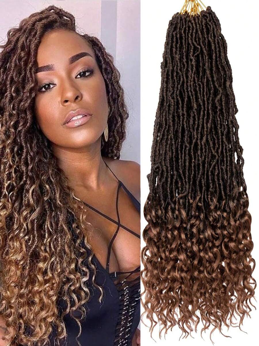 1 包渐变色接发仿辫子钩针假发，软辫子合成钩针假发，末端卷曲，合成辫子接发（12 股/包 T30#） - 彩色 - 查看 1