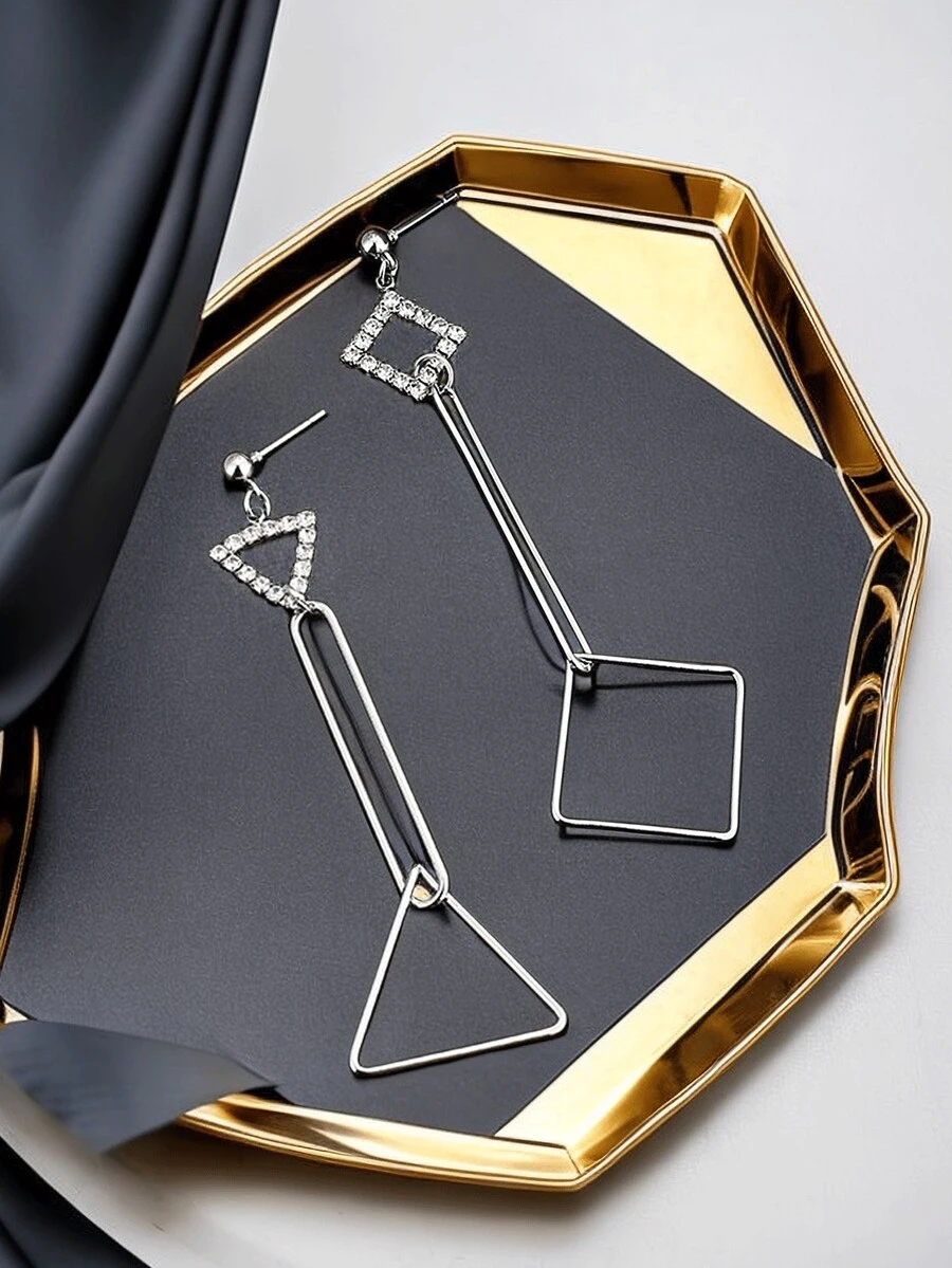 1pair Punk Style Creative Women's Long Geometric Hollow Out Triangle & Square Dangle Earrings With Rhinestones For Girls - Silver - View 1