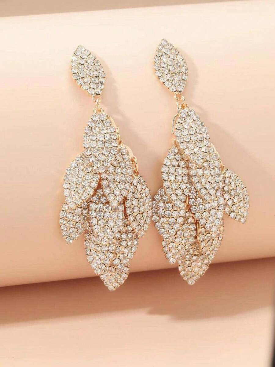 1 đôi Đồ trang trí Rhinestone Lá hình Hoa tai - Vàng - Xem 1