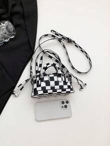 1入黑白方格紋pu智慧型手機殼,口紅收納袋配有長肩帶,適用於女性拍照外出購物,ins風格,女性小手提包 - 黑與白 - 查看 10