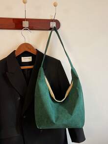 Bolsa De Hombro De Corduroy Casual Y Simple Con Diseño De Bloqueo De Colores Para Una Moda Con Estilo - Verde Oscuro - Ver 4