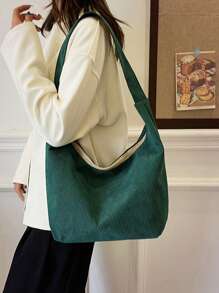 Bolsa De Hombro De Corduroy Casual Y Simple Con Diseño De Bloqueo De Colores Para Una Moda Con Estilo - Verde Oscuro - Ver 1