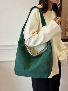 Bolsa De Hombro De Corduroy Casual Y Simple Con Diseño De Bloqueo De Colores Para Una Moda Con Estilo - Verde Oscuro - Ver 3