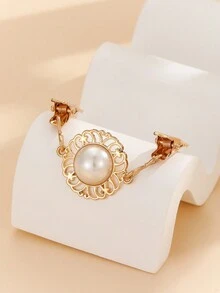 1入款女士時尚圓形金屬毛衣夾,金色仿珍珠裝飾,可調節且防滑,適用於日常休閒、戶外活動、禮品等