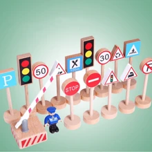 1set Wooden Toy Road Traffic Sign Model With Airplane, Car And Road Sign - Multicolor - View 1