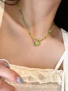 Mori-Stil Halskette mit bunten Herz-Perlen für Frauen, süßer und niedlicher mädchenhafter Stil, Schlüsselbein-Kette, ein Stück (zufällige Farbe) - Pink - Übersicht 10