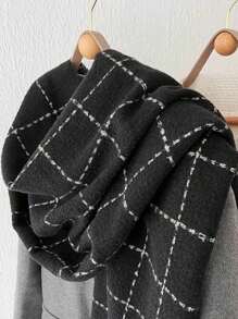 1條女士新時尚格紋披肩配流蘇,適用於冬季戶外保暖 - 黑色 - 查看 5