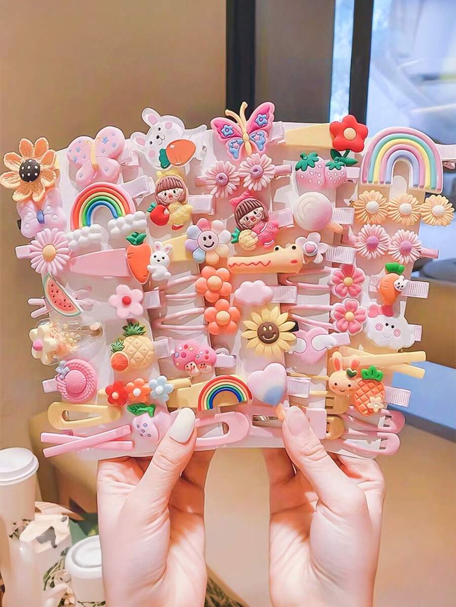 50 件/套兒童卡通動物花朵彩虹蝴蝶心型棒棒糖水果公主髮夾髮夾套裝日常使用和送禮