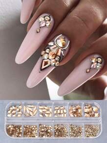 12pcs Mixed Pattern Nail Art Rhinestones, Crystal Champagne Gemstone Nail Decorations, Nail Jewelry Pendant DIY Nail Supplies
