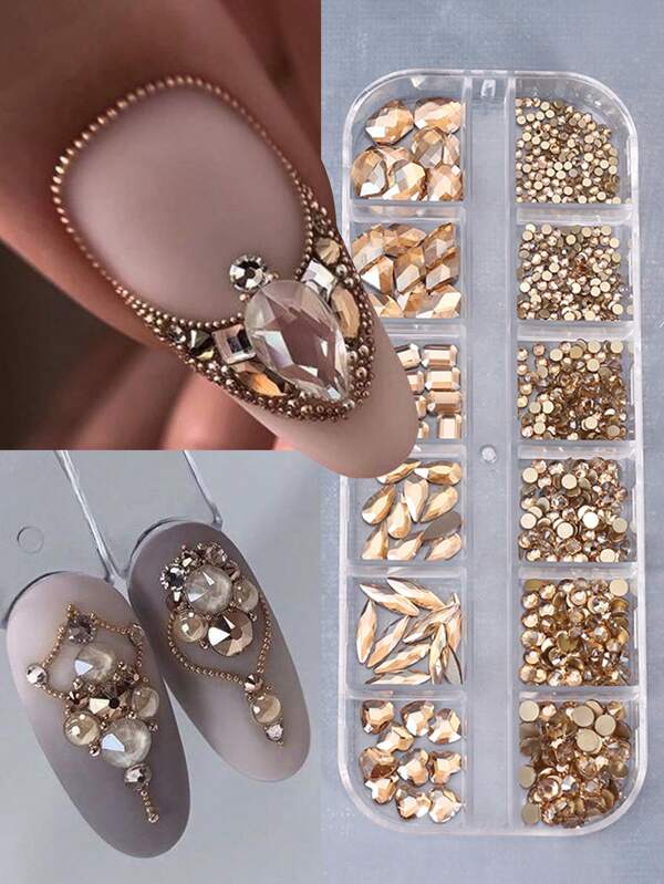 12 Griglie Misti Design arte di unghie Rhinestone, Cristallo Champagne Gem Rhinestone Decorazione Unghie Gioielli Charm Ornamento Strumenti Diy Nail Gems Forniture per Unghie